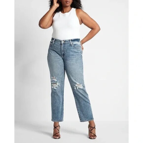 Express Mid Rise Medium Wash Ripped Boyfriend Jeans 12 - Picture 1 of 6
